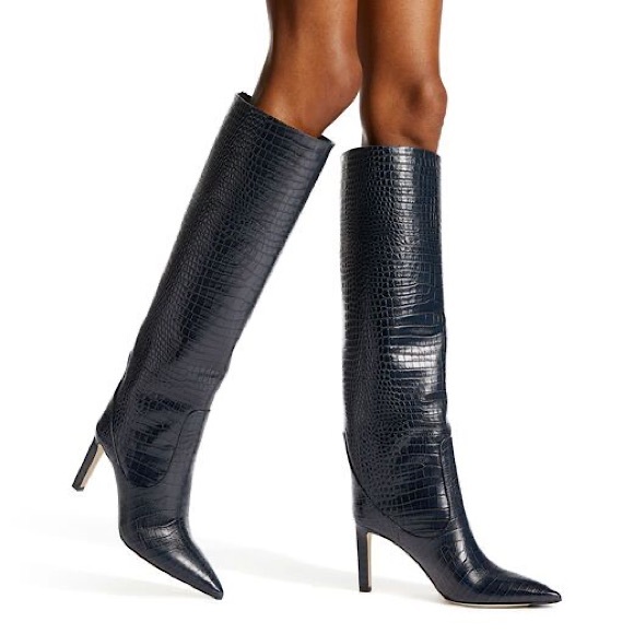EUC JIMMY CHOO Mavis 100 Embossed High-Heel Tall Boots 39.5 Navy - Picture 1 of 16